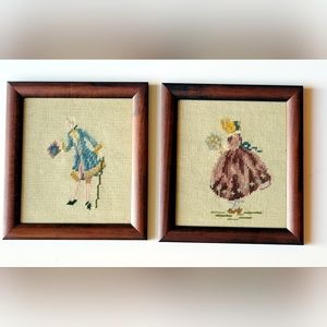 Set of 2 Victorian Lady & Man Needle Point in Wood Frame Vintage Art Needlepoint
